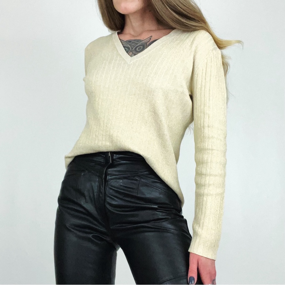 V-Neck Silk-Blend Metallic Rib-Knit Top | Size 0 - Picture 2 of 9